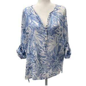 Grand & Greene Blue White Tropical Sheer Tunic Blouse L Roll Tab Sleeve Top